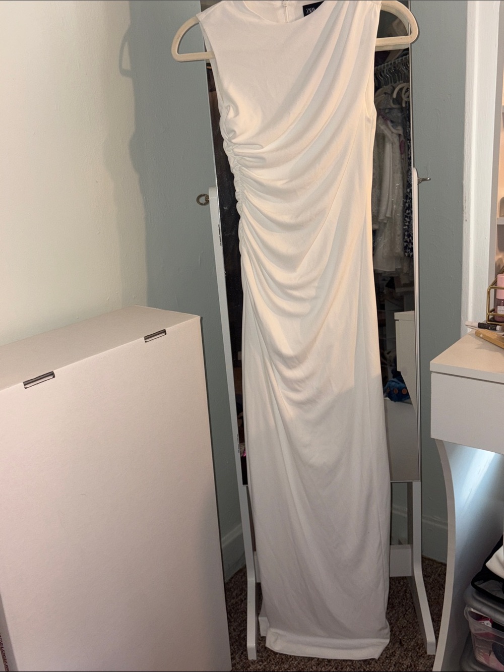 Zara White Ruched One-Shoulder Maxi Dress